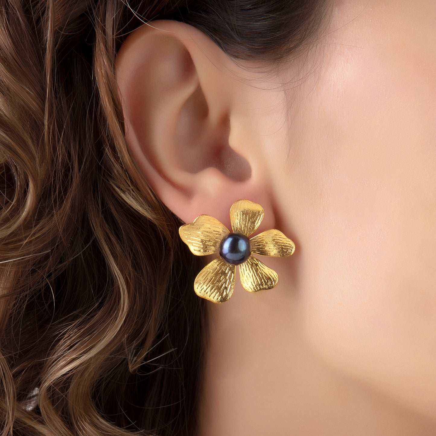 Gold Pearl Flower Earrings