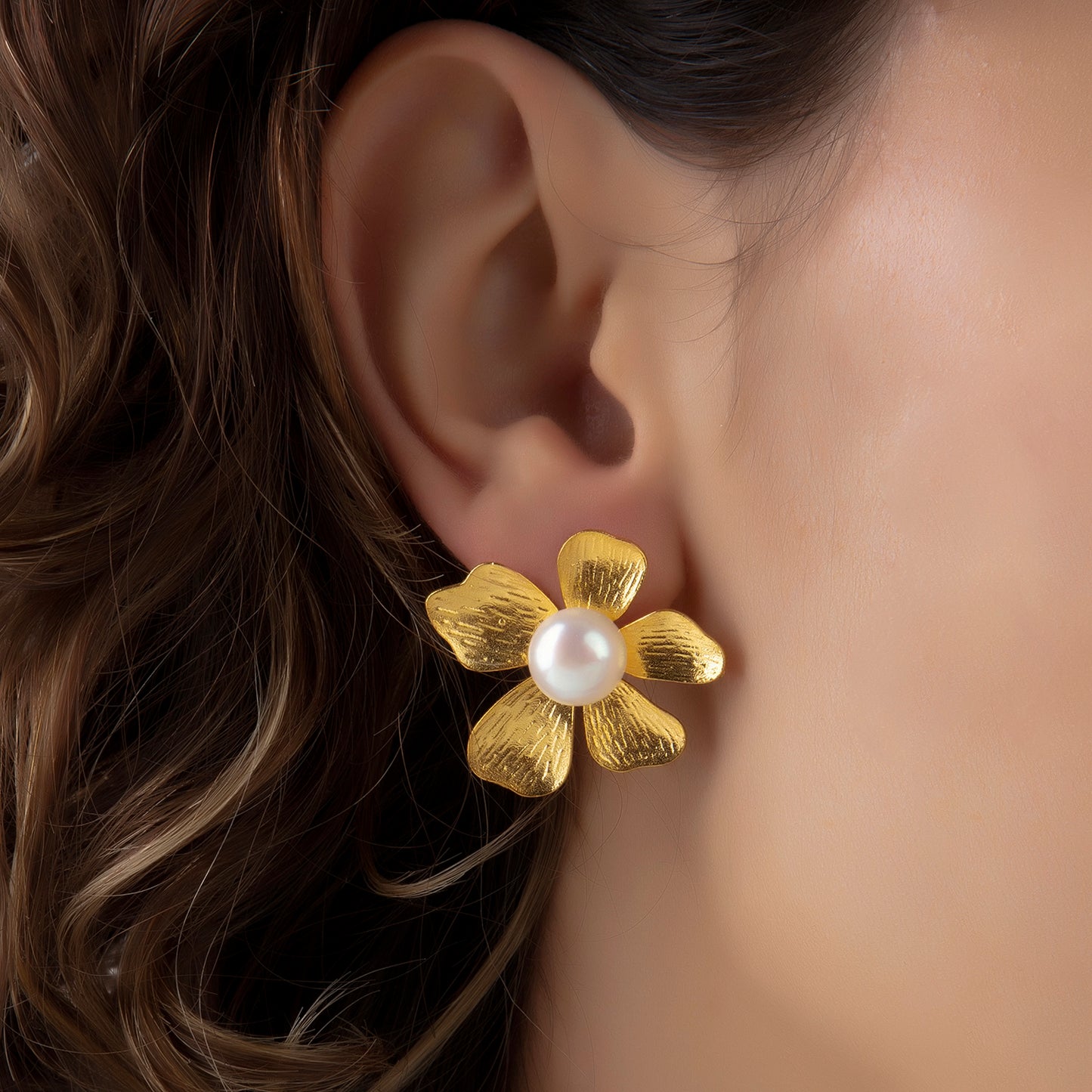 Gold Pearl Flower Earrings